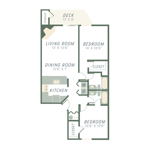 Floor plan for 2 beds, 2 baths, 980 sqft